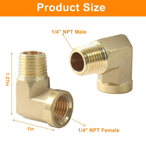 Brass 90-degree elbow fittings, set of 2, 1/4 NPT male to 1/4 NPT female forged connectors