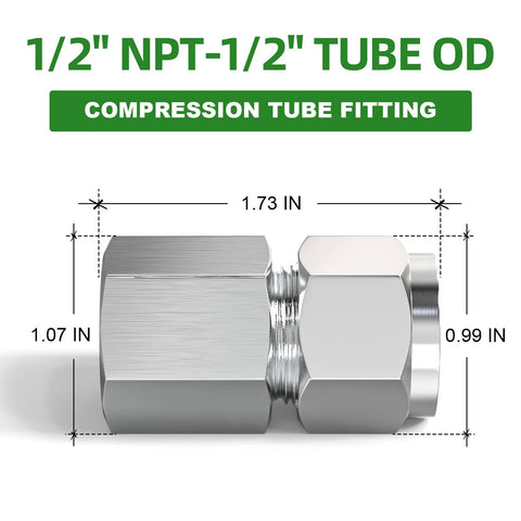 2-pack 304 stainless steel compression tube fitting, 1/2 in NPT female straight adapter, side view
