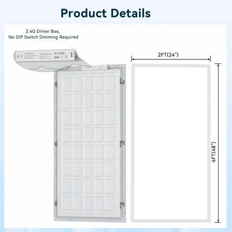 1 Pack 2x4 LED Flat Panel Light 70W 7700LM Recessed Ceiling Fixture With CCT 3000K To 6500K, showing driver box and dimensions.