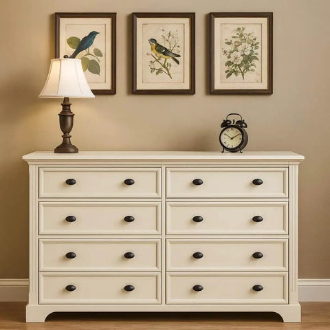 Installed Oval Matte Black Cabinet Knobs 10 Pack For Kitchen And Furniture By EAXINTA on a cream dresser in a vintage-style room.