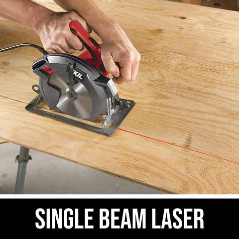 Person using Powerful 15 Amp 7.25 Inch Circular Saw With Single Beam Laser Guide for fast precise cuts on wooden board.