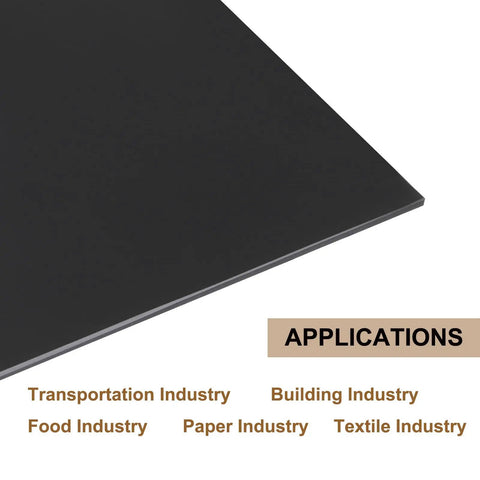 Hard UHMW Polyethylene Sheet For Heavy Duty Use By Meccanixity, Self Lubricating, Abrasion Resistant Plastic Sheet, 10 X 12 X 0.1 In, Black, Ideal For Liners, Bearings, Bushings, showing applications.