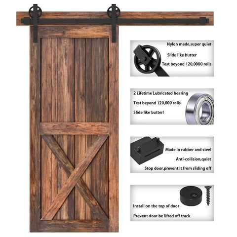 Heavy Duty Sliding Barn Door Hardware Kit Black 6 Ft Track System With Silent Glide Wheels Floor Guide Easy To Install, shown in use