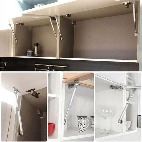 Gas Spring Lift Support For Cabinet Doors 20N 4.4 Lb, Stainless Steel And Nylon Construction With Silver Finish installed in cabinets.