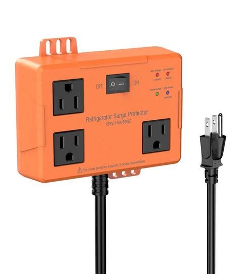 3 Outlet Refrigerator Surge Protector with Time Delay and 3000J Voltage Protection for Home Appliances featuring three plugs and power cord