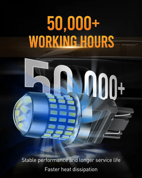 Crazy Bright 3157 LED Bulbs For Back Up Lights Xenon White 6500K 1800 Lumens showing working hours and heat dissipation features.