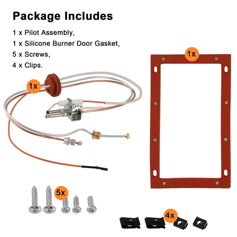 Pilot and igniter kit for gas water heater; includes 1 pilot, orange silicone burner gasket, 5 screws, 4 clips.