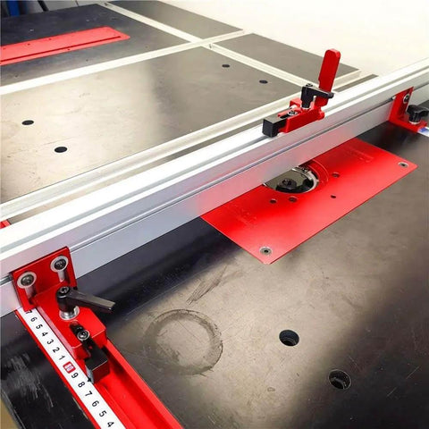 75 Type T Slot Miter Track For Woodworking shown installed on router table, emphasizing precision alignment and red fixtures.
