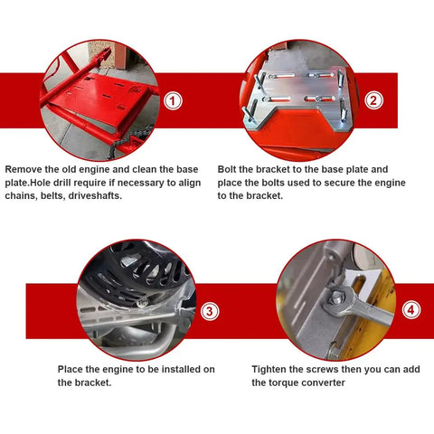Installation steps for Adjustable Mini Bike Mounting Plate Adapter with visuals of bolt attachment and engine placement