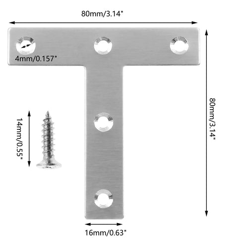 12 Piece T Shaped Mending Plates 3.1 By 3.1 Inch Stainless Steel Flat Corner Brackets with 5 screw holes and screw included