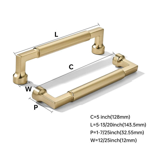 Ten Pack 5 Inch Satin Brass Cabinet Pulls Heavy Duty Brushed Brass Handles with dimensions shown