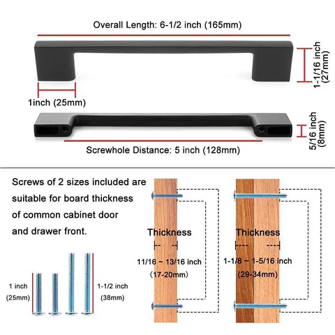 Wide Foot Cabinet Bar Pull In Matte Black 5 Inch 128mm Screw Spacing Solid Metal Hardware, diagram of dimensions and screws