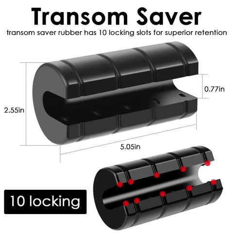 Transom saver for outboard motor, black rubber with 10 locking slots, 5.05 in long, side view
