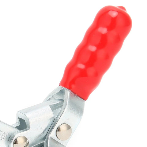 Close-up of Pro Grade Toggle Clamp with red handle for drill press, small quick release, ideal for woodworking jigs and fixtures, welding.