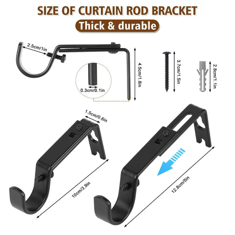 Dimensions of Heavy Duty Curtain Rod Brackets For 1 Inch Rods Adjustable Wall Mount Iron Rod Holders with screws and anchors.