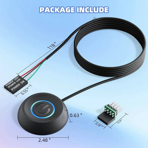 External Desktop PC Power Button With 118-Inch Cable And LED Indicator, adhesive mount and splitter, 4 Pin Power SW LED Plus