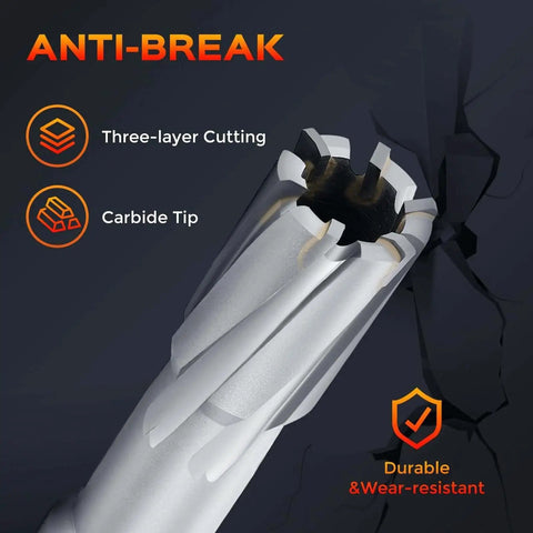 Annular Cutter Set Twelve Piece Carbide Tips Mag Drill Bits Kit With Three Quarters Inch Weldon Shank And Two Pilot Pins For Mag Drill Press Cutting From One Half Inch To One And One Sixteenth Inch, showing close-up of carbide cutter tip.