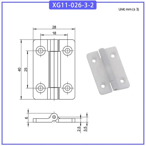 Damping positioning folding cabinet hinge, silver metal; four-hole mounting plate, front drawing with dimensions and hinge photo.