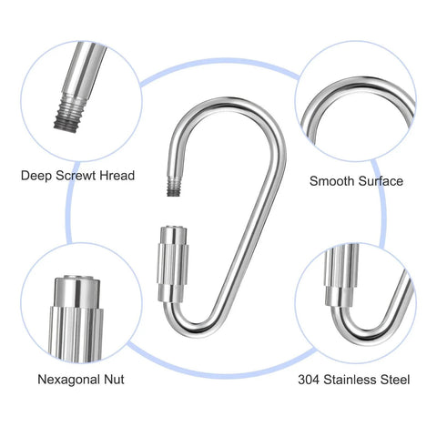 Diagram of 10 Pieces Heavy Duty Stainless Steel Quick Link Locking Carabiners with detailed parts, silver, for versatile use.