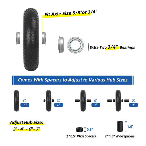 14.5 Inch Wheelbarrow Tire And Wheel With 5/8 Inch Axle Bore, flat free solid tire with spacers and bearings for universal replacement