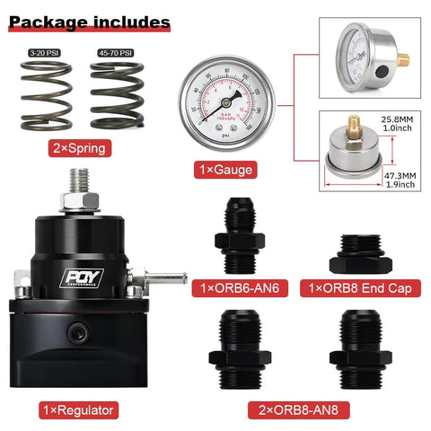PQY black EFI fuel pressure regulator kit with gauge, AN8 feed port, AN6 return port, springs and ORB adapters