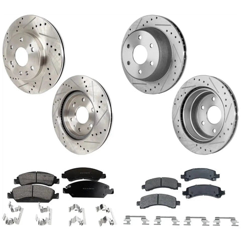 Cross-drilled brake rotors with pad kit for Chevy Express 1500 (2009–2014); front and rear, includes pads and hardware.