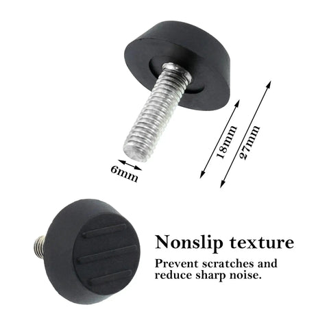Close-up of 20 Pack M6 Thread Patio Levelers For Adjustable Furniture Feet with slip-resistant rubber bottom and metal screw design
