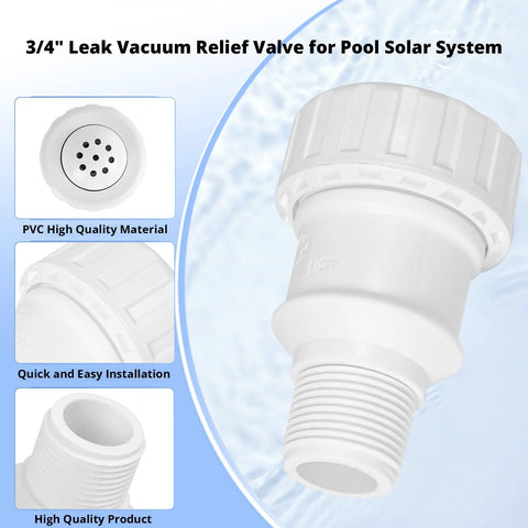 Front view of white 3/4 in PVC vacuum relief valve for pool solar systems, compatible with Heliocol/Sunstar panels
