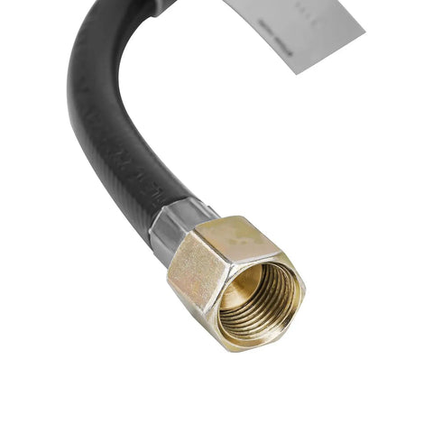 Close-up of a 48-inch thermoplastic hose with brass fitting for High Pressure Adjustable Regulator With 0 To 30 PSI And 48 Inch Hose For POL Tank Connection And 3 Eighth Inch Female Flare Fittings Brass Thermoplastic Hose With Durable Sealing CSA Certified Stanbroil