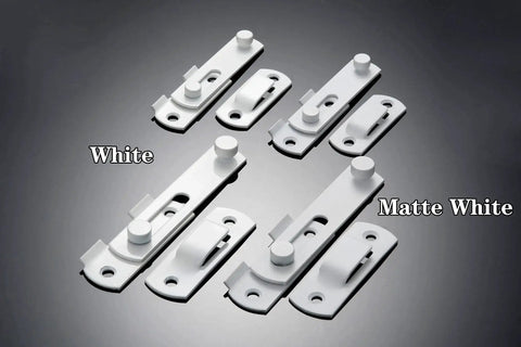 Two Pack White Stainless Steel Barn Door Latches For Gate And Sliding Doors Flip Bi-Fold Lock Antique Style Suitable For Wine Cabinets And Closets Durable Rust-Resistant Finish Small White Size shown in white and matte white options.