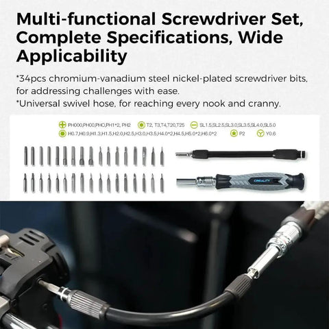 Multi-functional screwdriver set with 34 chromium-vanadium bits, swivel hose, and ergonomic handle for versatile use.