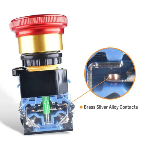 Close-up of 22mm Emergency Stop Button Switch showing brass silver alloy contacts, 10A 1NO 1NC, latching push button shut off 440V.