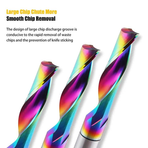 Close-up view of CNC Single Flute Router Bit With One Eighth Inch Shank And One Eighth Inch Cutting Diameter Fifteen Millimeter Cutting Length Solid Tungsten Carbide DLC Coated End Mill For Aluminum Built Tough Milling Cutter Pack Of Ten showcasing large chip chute design.