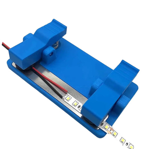 Soldering Clamp For Circuit Boards And LED Light Panels, Precision Wire Fixture For PCB Assembly, in blue, holding wires and LED strip.