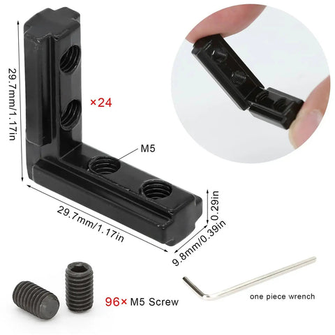 24 pcs 1010 Series Inner Aluminum Extrusion Connectors with screws, L-shaped brackets for 1x1 inch profiles, black metal, size details shown