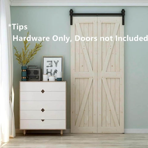 4ft Bi Folding Sliding Barn Door Hardware Kit for Two Doors installed on wall, matte black finish, home setting