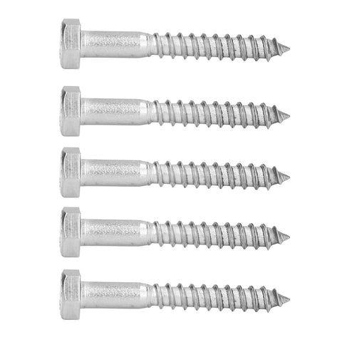 Image of five heavy duty wood hex lag screws with half thread, self tapping design, made from A2-70 stainless steel, M8 by 60mm.