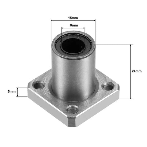 Square Flange Linear Ball Bearing LMK8UU 8mm Bore 15mm Outer Diameter 24mm Length showing dimensions for CNC and 3D printing.
