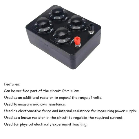 Resistance box with five dials in a black plastic case and red/black banana plug terminals.