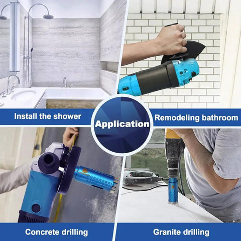 Diamond Core Drill Bit One And Three Eighths Inch Laser Welded Diamond Hole Saw With Five Eighths Eleven Thread For Granite Marble Stone And Concrete Dry Or Wet Drilling Includes Adapter For Five Eighths Eleven To SDS Plus Shank shown in use for shower installation, bathroom remodeling, concrete, and granite drilling applications.