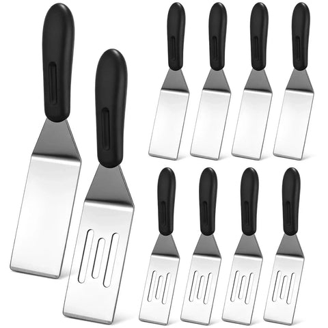 10 Piece Mini Stainless Steel Spatula Set With Five Solid And Five Slotted Spatulas For Kitchen Cooking And Serving Perfect For Pancakes Eggs Cookies Brownies Desserts Lasagna And More, front view