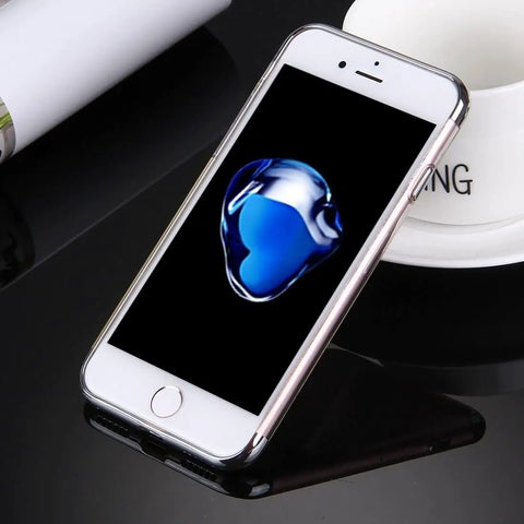 Smartphone on a black stand with a glossy screen displaying a blue abstract design, positioned on a black glossy surface.