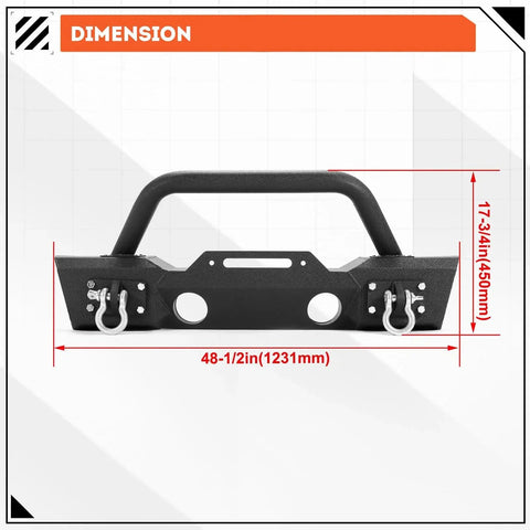 Stubby Front Bumper For Jeep Wrangler JK JL Gladiator JT With Fog Light Housing front view with dimensions shown.