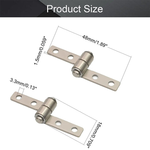 Two silver tone nickel plated metal hinges, 48mm long, with three 3.3mm screw holes. Torque Friction Positioning Door Hinge 48mm Long 2 Pack Silver Tone Nickel Plated Metal Hinges Built To Last And Easy To Install For Cabinets And Doors With Three Point Three Millimeter Screw Holes.