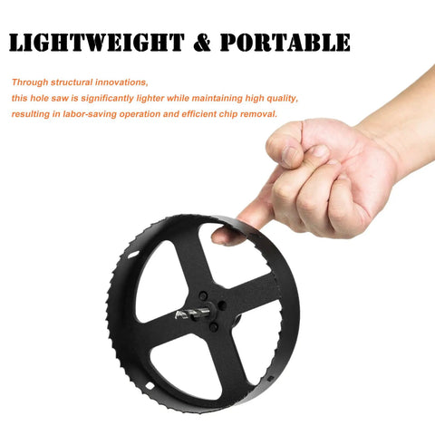 Hand holding Bi-Metal Six And A Quarter Inch Hole Saw Kit With Dust Bowl Catcher for recessed lighting, showing lightweight design.
