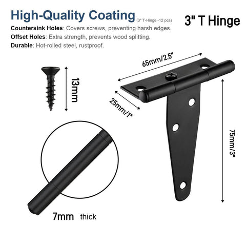 Diagram showing dimensions of Six Pack 3 Inch Black T Strap Shed Door Hinges with rustproof coating and included screw.