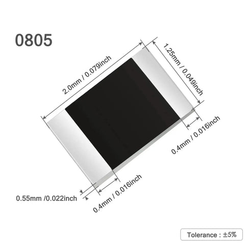 Angled front view of an 0805 SMD resistor chip with silver end caps and labeled dimensions.