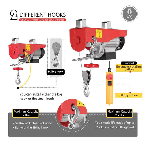 Electric Hoist 440 Lbs Winch 110V With Remote Control ETL Listed 38 Ft Lift shown with different hook options and remote