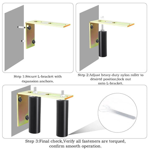 Installation steps of Six Inch Gate Roller Guide For Sliding Gates With L Bracket Universal Adjustable Heavy Duty Sliding Gate Rollers Black Gate Kit