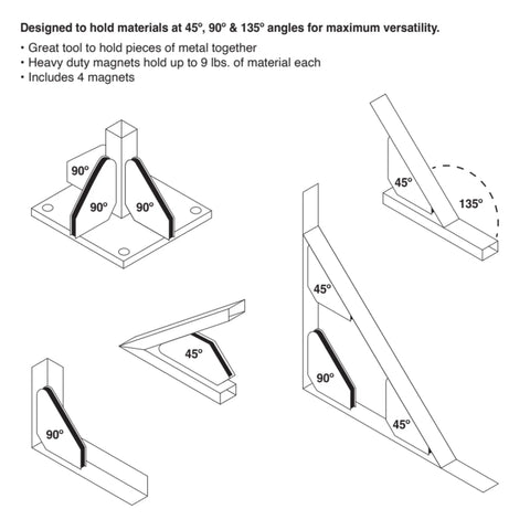 Illustration of Mini Welding Magnetic Jig Four Pack With Nine Pound Hold Each showing use at 45°, 90°, and 135° angles for hands-free welding.